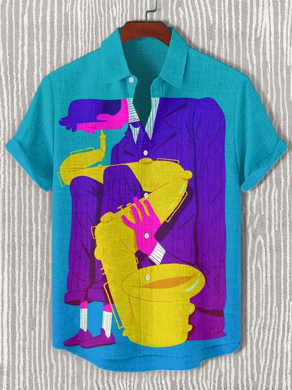 Men's Saxophone Abstract Geometric Illustration Print Casual Shirt