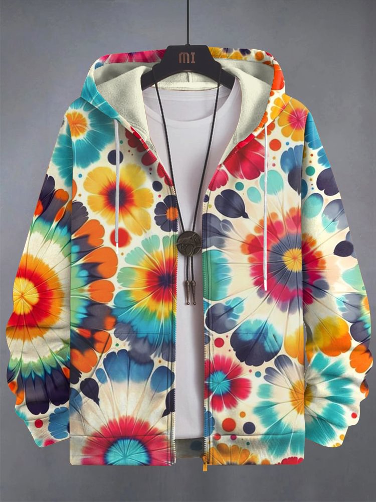 Men's Multicolor Pattern Hippie Art Print Hooded Zip Up Jacket