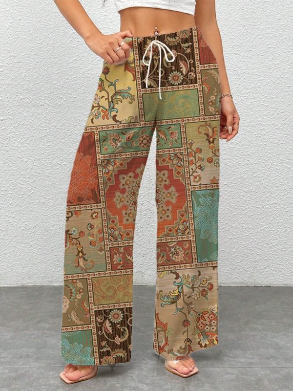 Women's Vintage Flower Pattern Patchwork Art Print Casual Pants