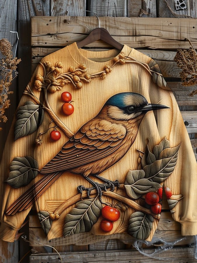 Men's Plant And Bird 3D Carving Art Print Casual Sweatshirt