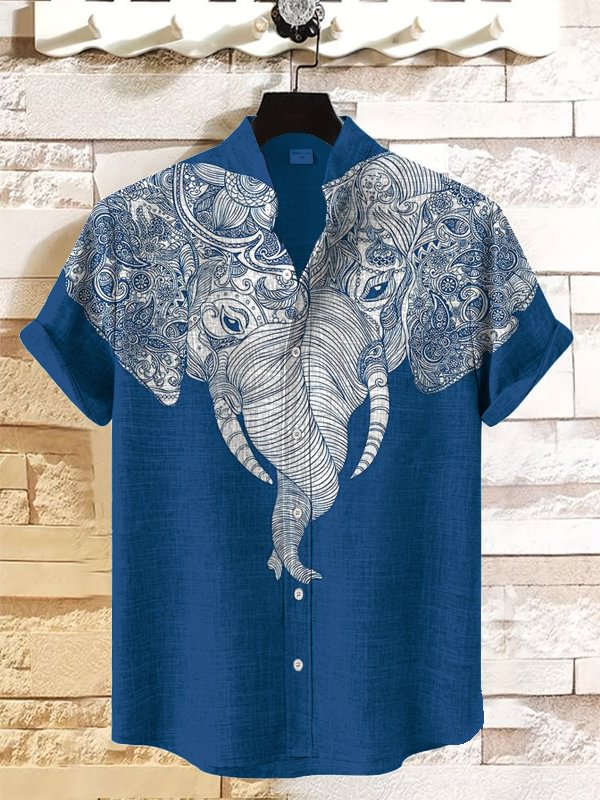 Men's Ethnic Pattern Elephant Symmetry Art Print Casual Shirt