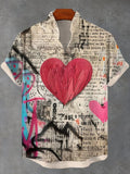 Men's Vintage Graffiti Art Love Heart Print Short Sleeve Shirt
