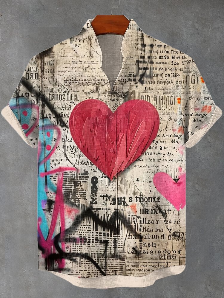 Men's Vintage Graffiti Art Love Heart Print Short Sleeve Shirt