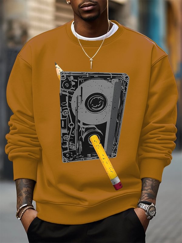 Men's Cassette Tape And Pencil Retro Art Print Cotton Casual Sweatshirt