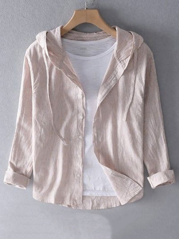 Men's Striped Print Long Sleeve Cotton And Linen Hooded Shirt