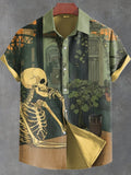 Men's Boho Skeleton Plants Tasting Tea Art Print Linen Blend Shirt