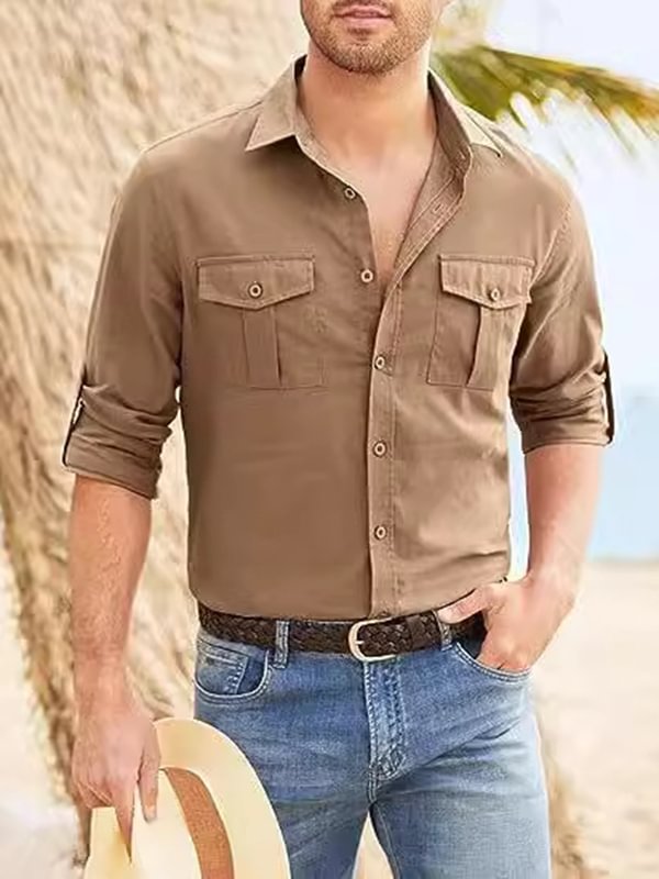 Men's Casual Chest Pockets Single Breasted Long Sleeve Shirt