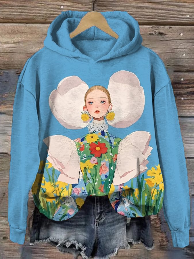 Women's Elegant Girl Floral Illustration Print Casual Hoodie