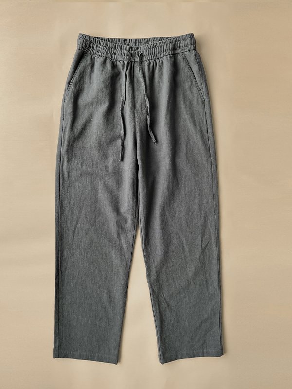 Men's Casual Solid Slant Pocket Elastic Waist Drawstring Straight-Leg Cotton Pants