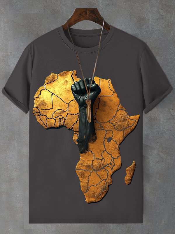 Men's African Map Black Fist Three-Dimensional Print Cotton Casual T-Shirt