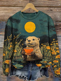 Women's Full Moon Scenery Otter Drinking Tea Oil Painting Print Sweatshirt