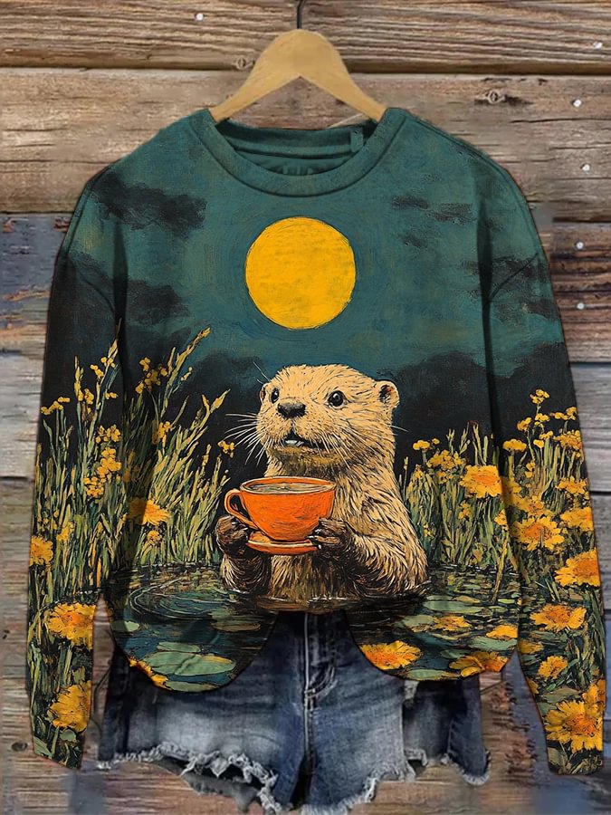 Women's Full Moon Scenery Otter Drinking Tea Oil Painting Print Sweatshirt