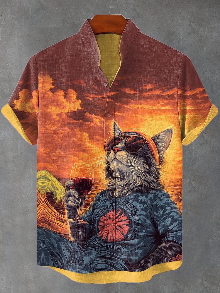 Men's Hippie Cat Chilling At Sunset Art Print Shirt