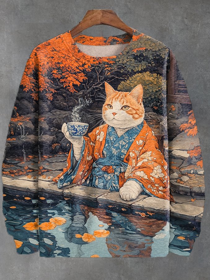 Men's Ukiyo-e Zen Garden Cat Drinking Tea Art Print Casual Sweatshirt