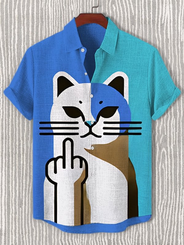 Men's Funny Cat Color Block Abstract Art Print Casual Shirt