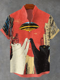Men's Futuristic Sci-Fi Art UFO Cats Print Shirt