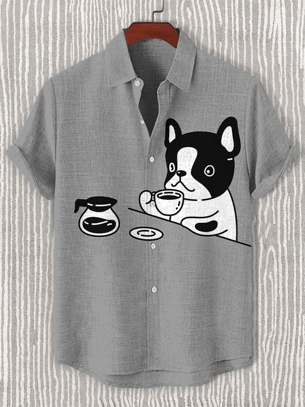 Men's Coffee And Dog Art Print Casual Shirt