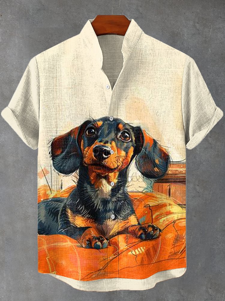 Men's Cute Lazy Couch Dachshund Print Linen Blend Shirt