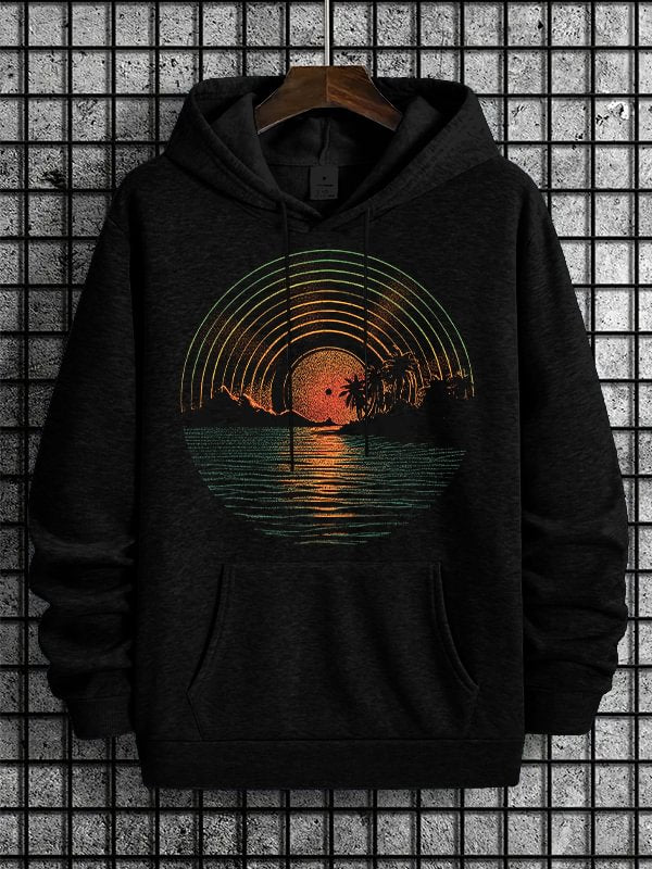 Men's Retro Sunset Vinyl Record Print Casual Hoodie