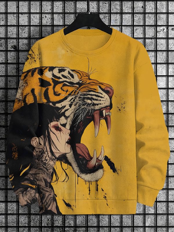Men's Tiger And Girl Dark Print Casual Sweatshirt