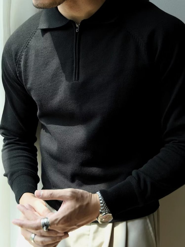 Men's Solid Color Half-Zip Turndown Collar Raglan Sleeve Base Shirt