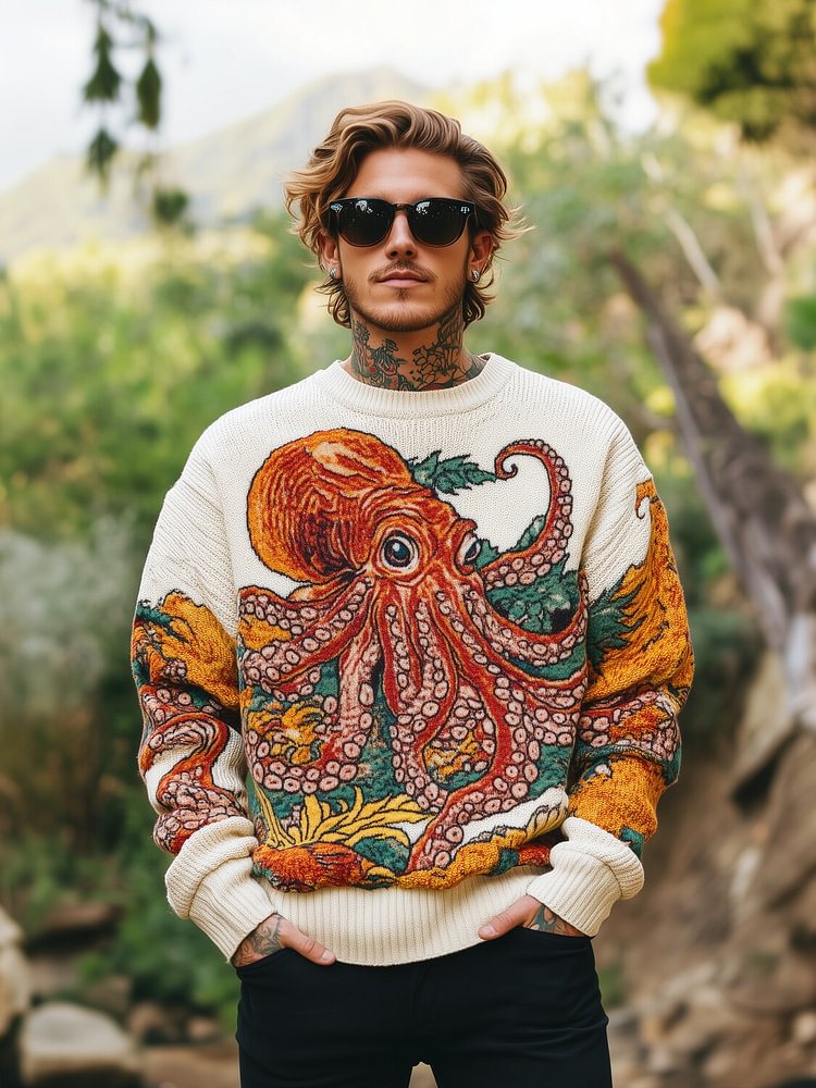 Men's Cthulhu Octopus Art Print Knit Sweatshirt