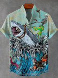 Men's Fun Skeleton Sharks Vintage Print Linen Blend Shirt