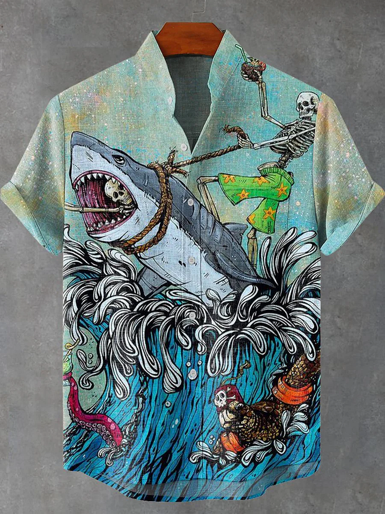 Men's Fun Skeleton Sharks Vintage Print Linen Blend Shirt