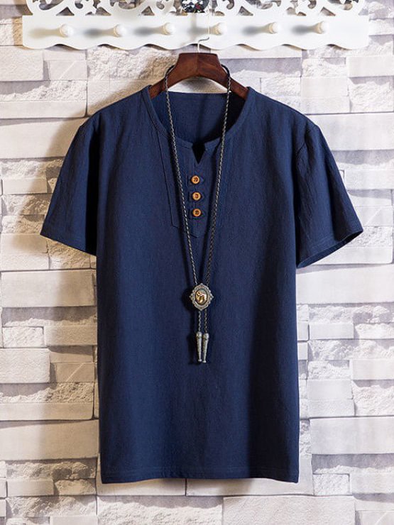 Men's Solid Color Side Slit Loose Short Sleeve Button Shirt
