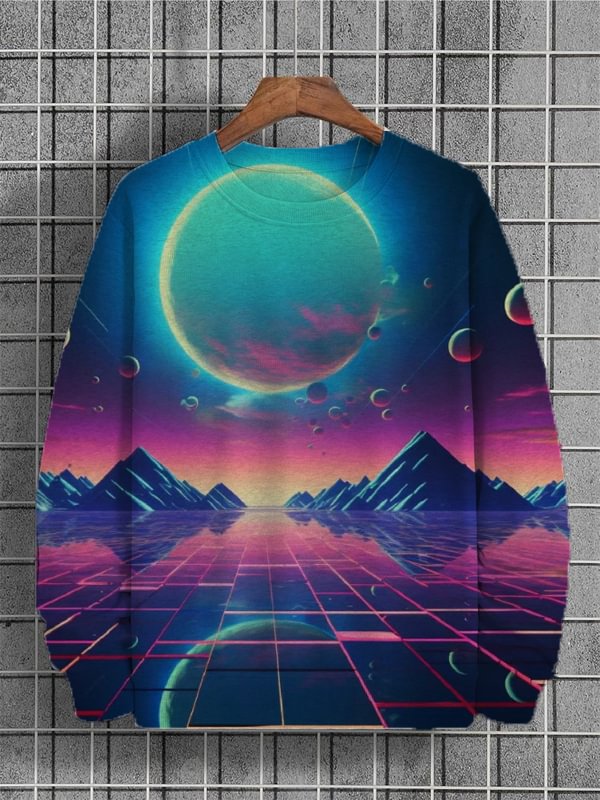 Men's Planet Mountain Cyber Art Illustration Print Sweatshirt