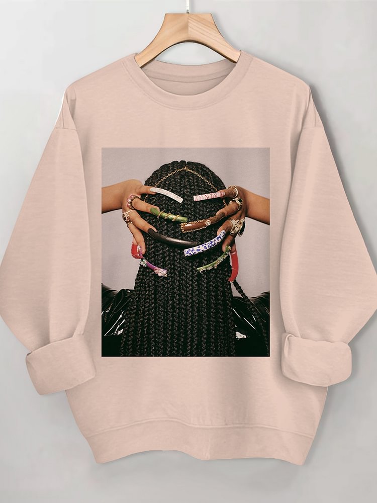 Women's Beautiful Braids And Nails Print Cotton Long Sleeve T-Shirt Thin Sweatshirt