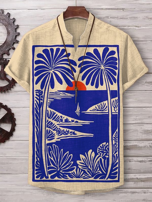 Men's Hawaiian Vacation Scene Illustration Art Print V Neck T-Shirt