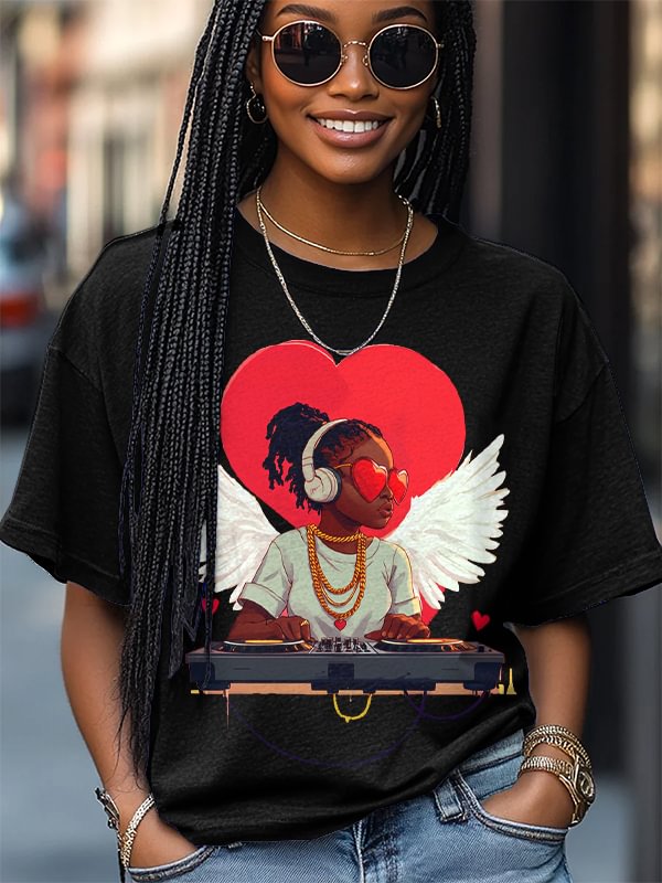 Women's Valentine's Day DJ Print Cotton Casual T-Shirt