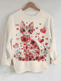 Women's Elegant Flowers Cat Valentine's Day Print Cotton Long Sleeve T-Shirt Thin Sweatshirt