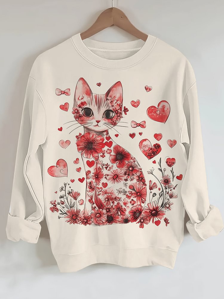 Women's Elegant Flowers Cat Valentine's Day Print Cotton Long Sleeve T-Shirt Thin Sweatshirt