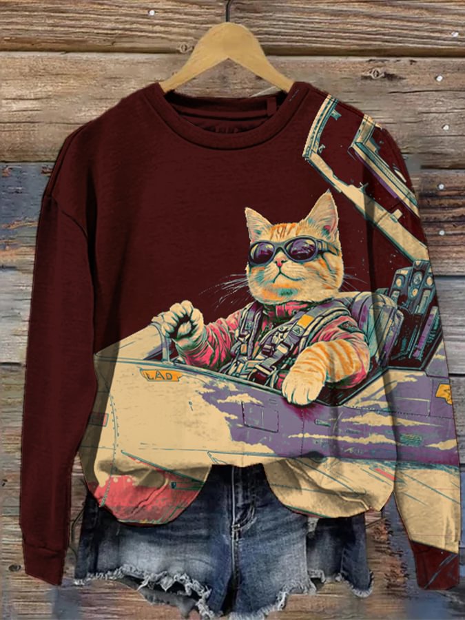 Women's Cat Pilot Fantasy Art Print Casual Sweatshirt