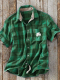 Men's St. Patrick's Day Clover Plaid Pocket Art Print Casual Shirt