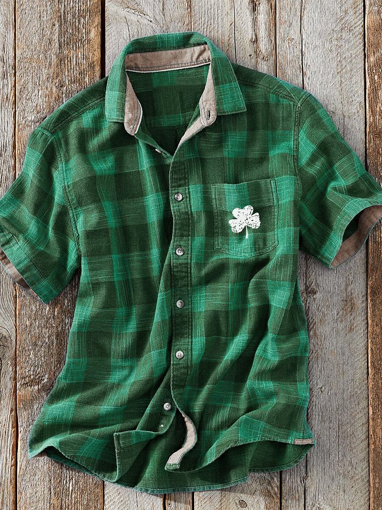 Men's St. Patrick's Day Clover Plaid Pocket Art Print Casual Shirt