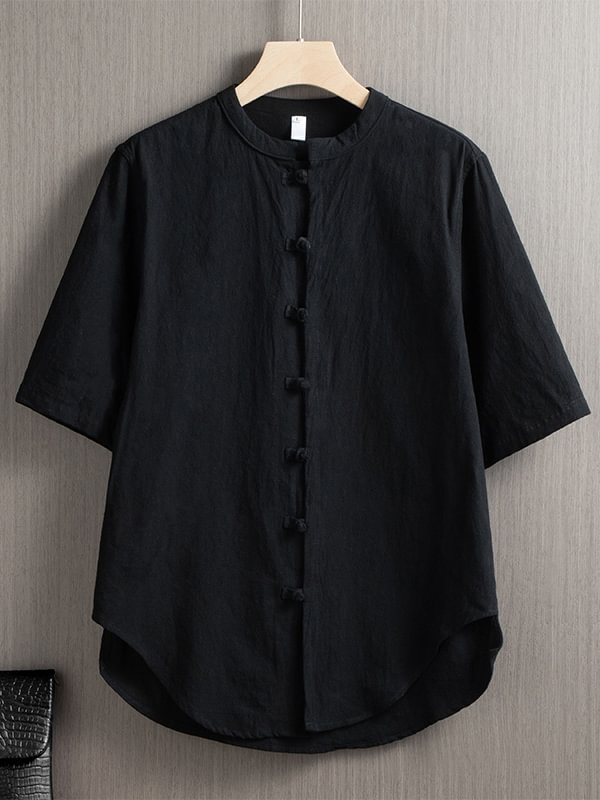 Men's Solid Color Retro Chinese Knot Button Cotton And Linen Shirt