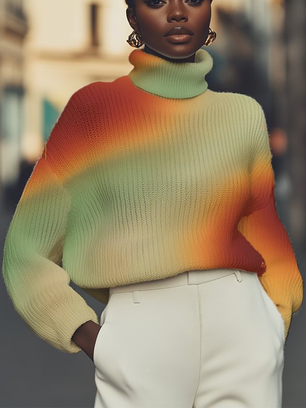 Women's Retro Gradient Art Print High Neck Knit Sweatshirt