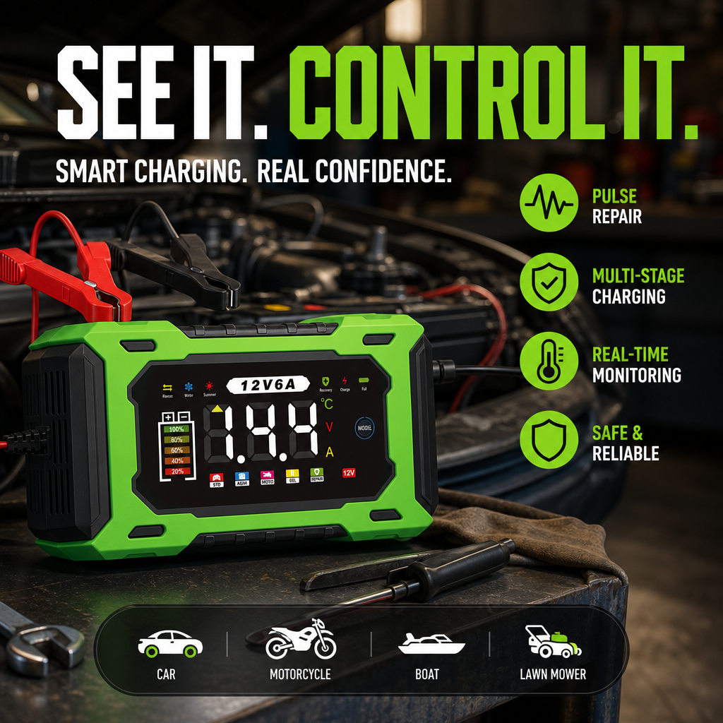 ⏳⏰12V 6A Smart Car Battery Charger – Pulse Repair Technology, Auto Maintain & Desulfation