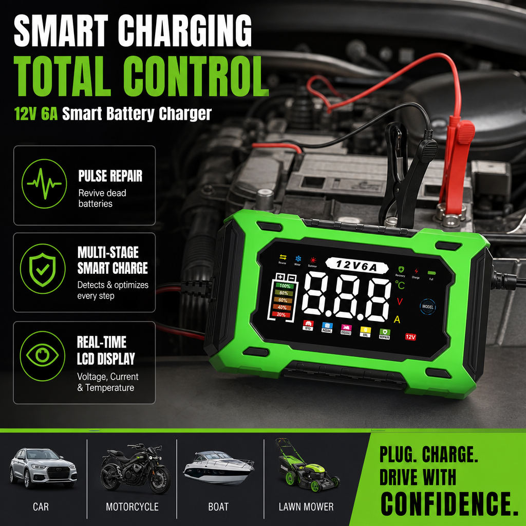 ⏳⏰12V 6A Smart Car Battery Charger – Pulse Repair Technology, Auto Maintain & Desulfation