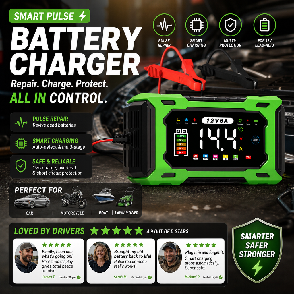⏳⏰12V 6A Smart Car Battery Charger – Pulse Repair Technology, Auto Maintain & Desulfation