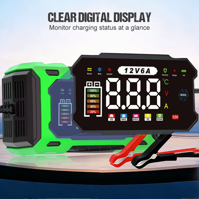 ⏳⏰12V 6A Smart Car Battery Charger – Pulse Repair Technology, Auto Maintain & Desulfation