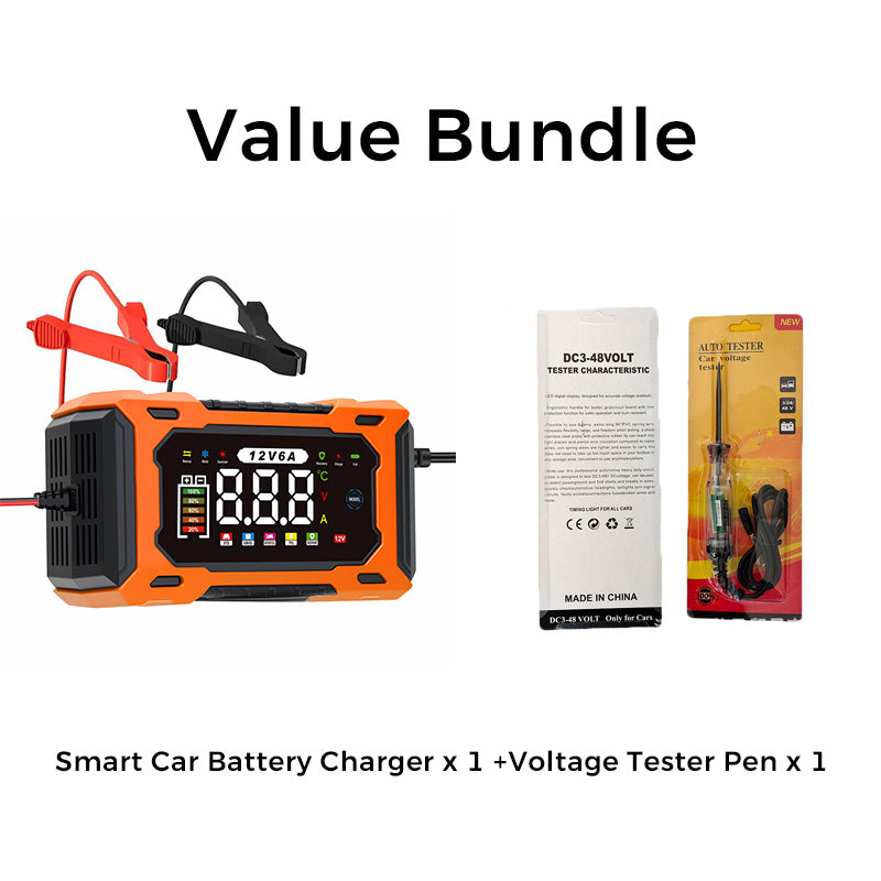 ⏳⏰12V 6A Smart Car Battery Charger – Pulse Repair Technology, Auto Maintain & Desulfation