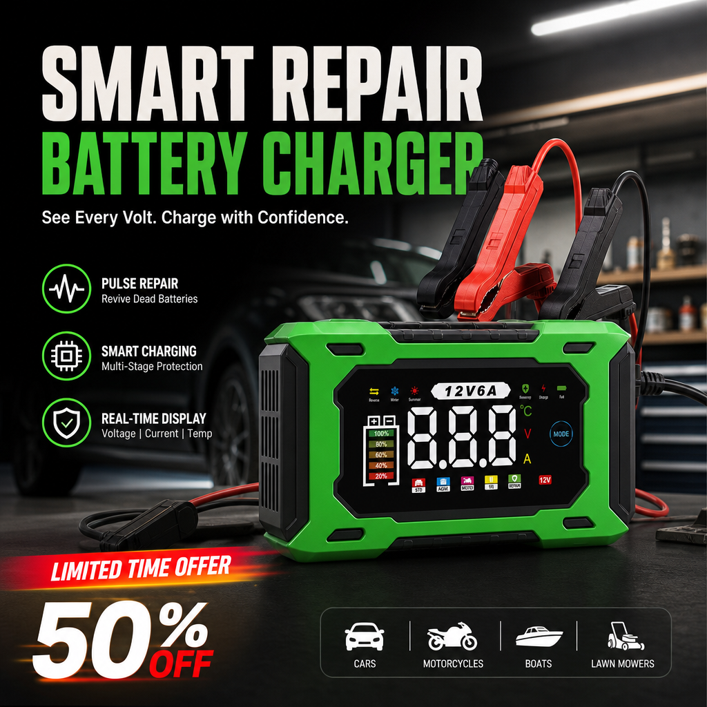 ⏳⏰12V 6A Smart Car Battery Charger – Pulse Repair Technology, Auto Maintain & Desulfation